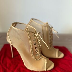 Christian Louboutin, mesh, peep toe booties in nude
